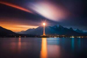 un torre en el medio de un lago a noche. generado por ai foto