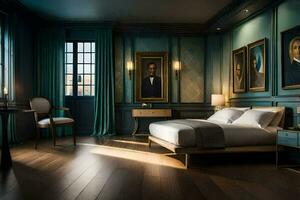 a bedroom with blue walls and wood floors. AI-Generated photo