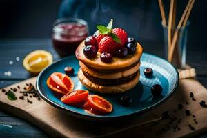 a stack of pancakes with berries and strawberries on a blue plate. AI-Generated photo