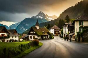 photo wallpaper the sky, mountains, road, houses, village, road, the village, road. AI-Generated