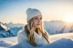 a beautiful blonde woman in a white hat and sweater is sitting in the snow. AI-Generated photo