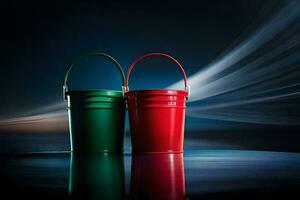 two red and green buckets on a dark background. AI-Generated photo