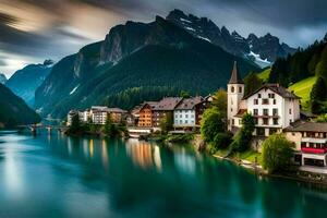 photo wallpaper mountains, the sky, water, lake, house, house, house, house,. AI-Generated