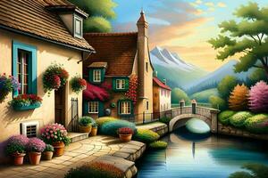 a painting of a village with flowers and a bridge. AI-Generated photo