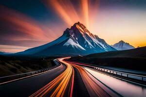 a long exposure photo of a mountain and road. AI-Generated