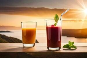 two glasses of juice with a view of the sunset. AI-Generated photo