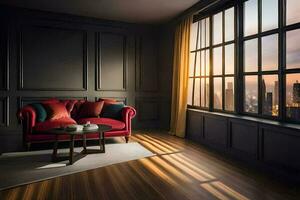 a red couch in front of a window with a city view. AI-Generated photo