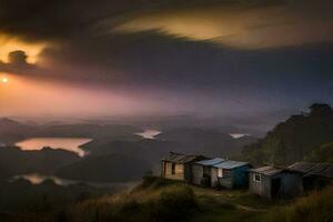 a beautiful sunset over a lake and huts on top of a hill. AI-Generated photo