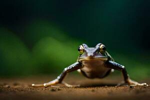 a frog is standing on the ground with its eyes open. AI-Generated photo