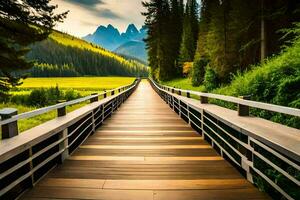 a wooden walkway leads to a mountain range. AI-Generated photo