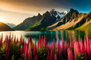 the sun rises over the mountains and the lupine flowers bloom in front of the lake. AI-Generated photo