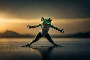 a frog standing on its hind legs with its arms outstretched. AI-Generated photo