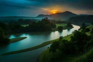 the sun sets over a river and green hills. AI-Generated photo