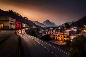 un ciudad calle a oscuridad con un montaña en el antecedentes. generado por ai foto