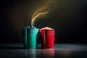 two buckets of popcorn with smoke coming out of them. AI-Generated photo