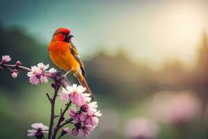 photo wallpaper the sun, flowers, bird, spring, the flowers, bird, spring, the. AI-Generated