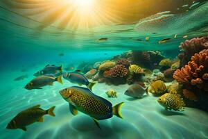 underwater scene with tropical fish and coral reef. AI-Generated photo