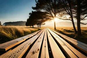 a wooden walkway in the middle of a field. AI-Generated photo