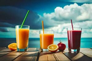 three glasses of juice with straws on a wooden table. AI-Generated photo
