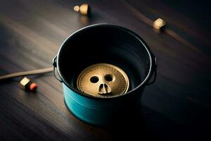 a gold coin in a metal bucket with a skull on it. AI-Generated photo