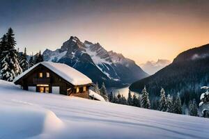 a cabin in the snow with mountains in the background. AI-Generated photo