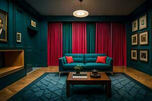 un vivo habitación con azul paredes y rojo cortinas generado por ai foto