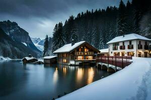a house sits on the shore of a lake in the snow. AI-Generated photo