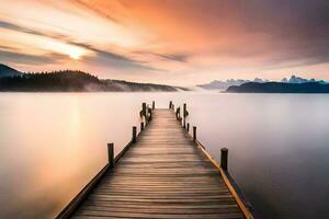 a wooden dock stretches out into the water at sunrise. AI-Generated photo