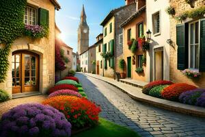 photo wallpaper the sky, flowers, the sun, the street, the town, the flowers,. AI-Generated