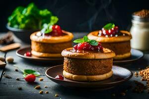 three mini cheesecakes with cherries and mint on a wooden table. AI-Generated photo