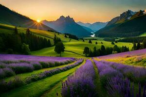 the sun rises over lavender fields in the mountains. AI-Generated photo