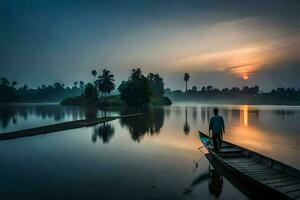 a man stands on a boat in the middle of a lake at sunrise. AI-Generated photo