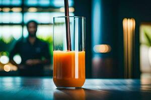 un vaso de naranja jugo sentado en un mesa. generado por ai foto