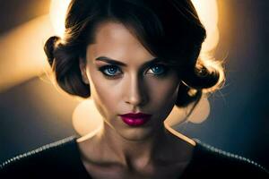 beautiful woman with bright red lipstick and dark hair. AI-Generated photo