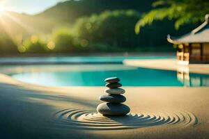 a stack of stones sitting on the edge of a pool. AI-Generated photo