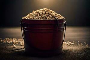 a bucket filled with soy beans on a dark background. AI-Generated photo
