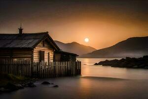 a cabin in the middle of the lake at sunset. AI-Generated photo
