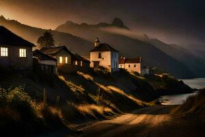 photo wallpaper the sky, mountains, houses, the road, the sun, the sea, the. AI-Generated