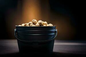 un Cubeta lleno con nueces en un oscuro antecedentes. generado por ai foto