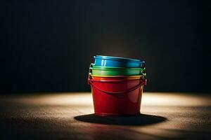 a stack of colorful buckets on a dark background. AI-Generated photo