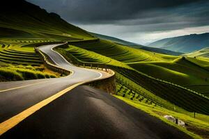 un devanado la carretera en el montañas. generado por ai foto