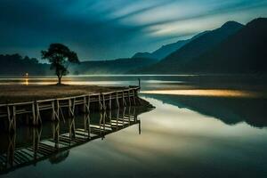 a tree stands on a dock in front of a mountain. AI-Generated photo