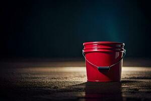 a red bucket sitting on a dark floor. AI-Generated photo