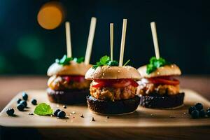 mini hamburguesas con palillos de dientes en un de madera tablero. generado por ai foto