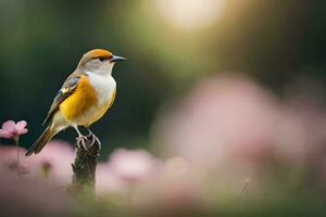 a small bird is sitting on a branch in a field. AI-Generated photo