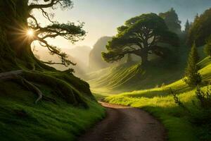 a dirt road leads through a green valley with trees and grass. AI-Generated photo