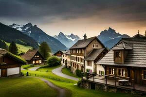 photo wallpaper the sky, mountains, house, road, house, the village, the mountains,. AI-Generated