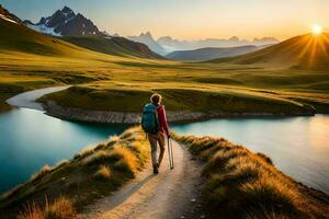 un hombre con mochila camina en un camino en el montañas. generado por ai foto