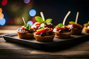 mini appetizers on a black tray with toothpicks. AI-Generated photo