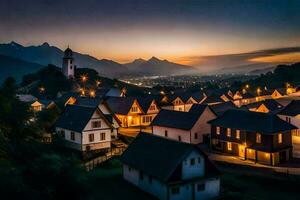 un pueblo a oscuridad con montañas en el antecedentes. generado por ai foto